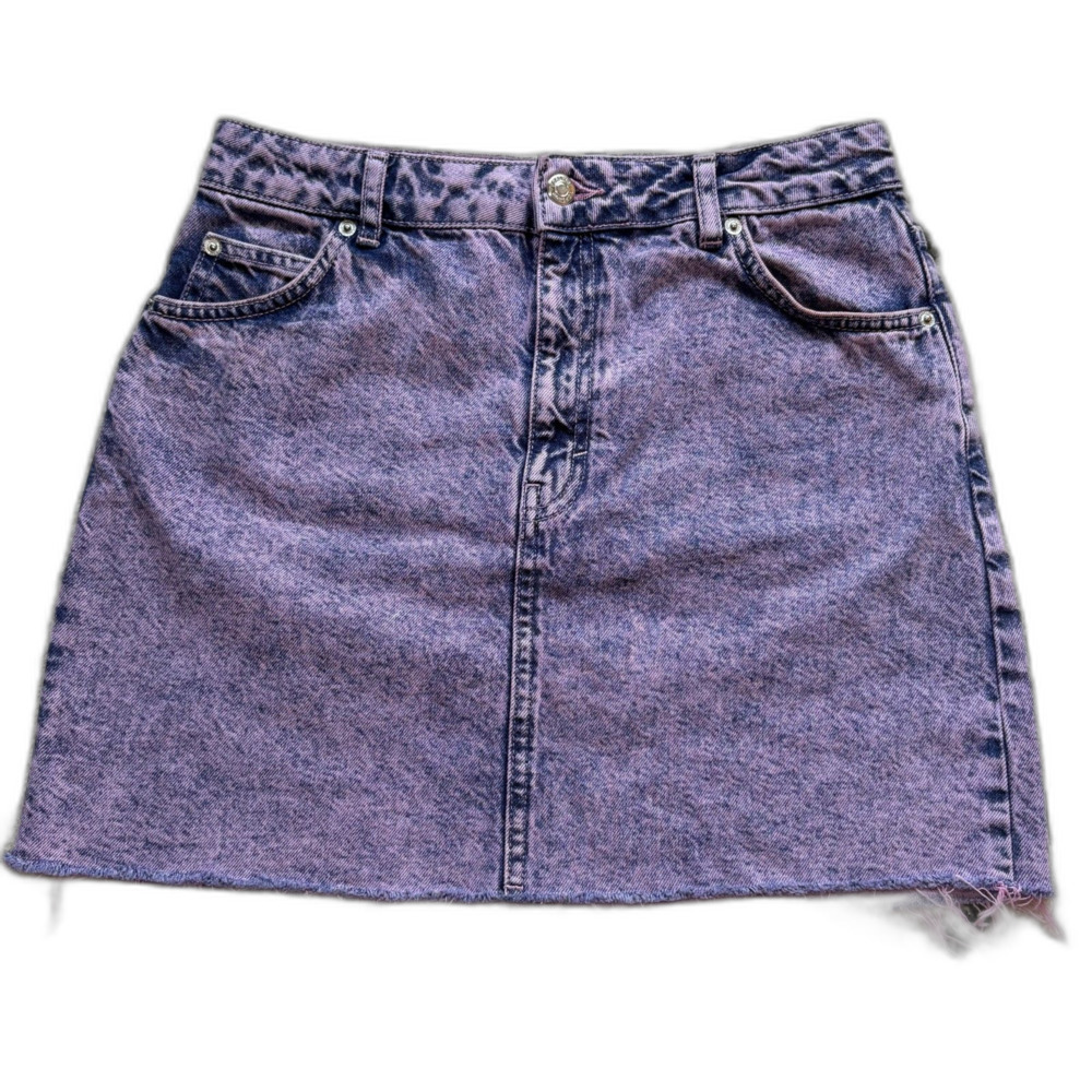 Topshop Moto Denim Mini Skirt Womens 8 Purple Acid Wash Raw Hem 90s RARE ASOT